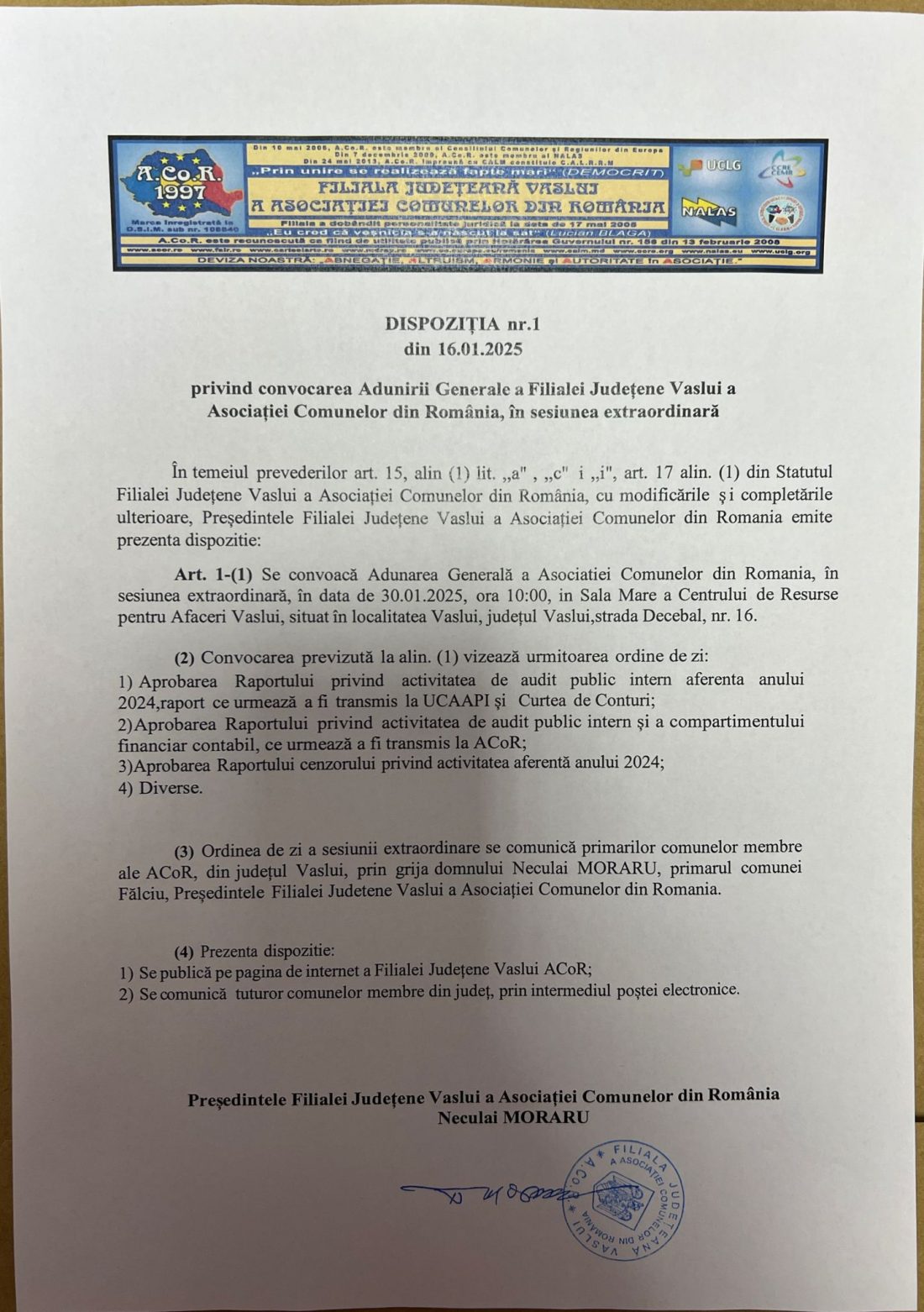 DISPOZIȚIA NR 1 DIN 16.01.2025